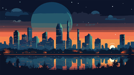 A panoramic view of a city skyline at night flat vector - obrazy, fototapety, plakaty