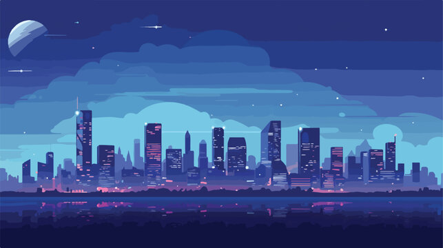 A panoramic view of a city skyline at night flat vector