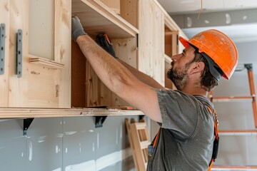 Close up of carpenter building floating wood cabinets, wearing orange hard hat and grey t shirt, light gray walls, modern farmhouse style interior design.
