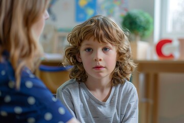 A young boy with wavy hair and blue eyes, wearing a gray long-sleeved shirt, is sitting at a table...