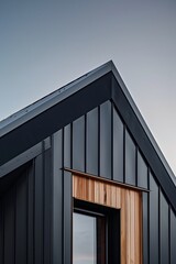 close up detail of dark grey alucobond cladding on the roof, wood slats behind it, contemporary architecture, scandinavian design, architectural photography