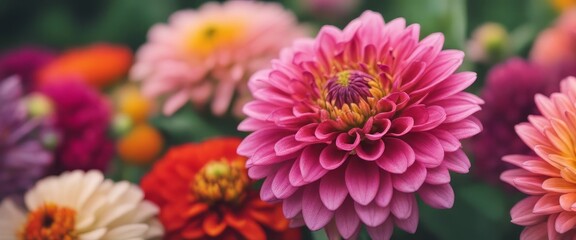 Beautiful colorful zinnia and dahlia flowers in full bloom, close up. Natural summery texture for background - obrazy, fototapety, plakaty