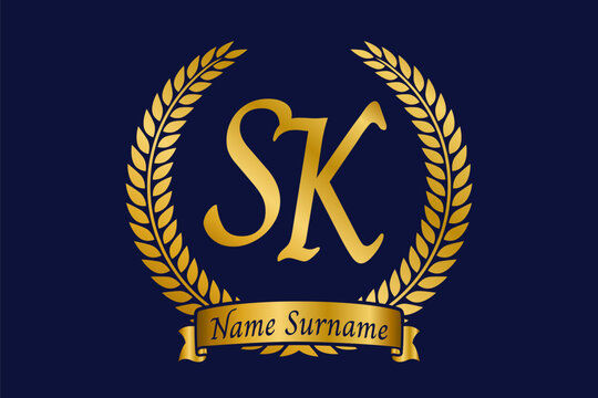 Initial letter S and K, SK monogram logo design with laurel wreath. Luxury golden calligraphy font.