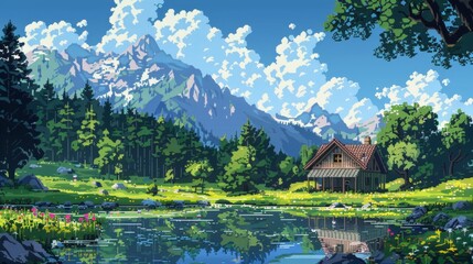 A serene pixel art landscape featuring a cozy cabin by a reflective lake, surrounded by lush greenery and towering mountains under a cloudy sky.