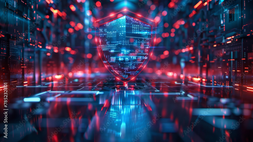 Poster a holographic shield symbolizing comprehensive digital security measures to protect a digital networ