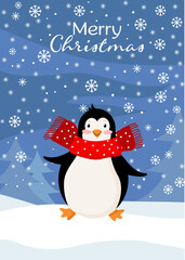 Holiday card with a penguin in a warm scarf and snowflakes on a blue background. Template for New Year greetings with a cute character.