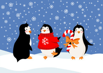 Holiday card with funny penguins and snowflakes on ice. Cute winter character in a sweater with candies in different poses. Banner concept for congratulations on winter holidays