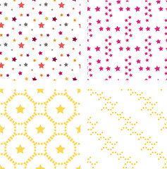 Collection with seamless patterns with pink and yellow stars on white background. Vector image.