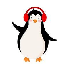 A cheerful penguin in red warm headphones greets with one wing raised. New Year or Christmas character for t-shirts, posters. Animal on a white background