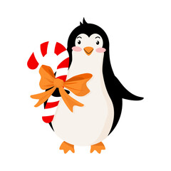 A cheerful penguin holds a large candy in the form of a cane in its paws. Happy holiday concept. New Year or Christmas character for printing on T-shirts, posters. Animal on a white background