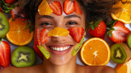 A smiling woman enjoying a natural facial treatment with slices of fresh fruits adorning her face, representing organic beauty and health. - obrazy, fototapety, plakaty