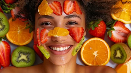 Foto op Plexiglas A smiling woman enjoying a natural facial treatment with slices of fresh fruits adorning her face, representing organic beauty and health. © Moopingz