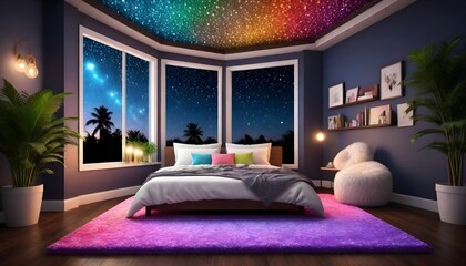 glitter bedroom, big fluffy rug, colorful, dark wood floor, big window night time stars, star ceiling, fluffy pillows, plants, candles, fluffy lounge chair