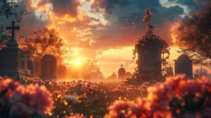 An image of a sunrise over a cemetery, where flowers bloom on graves, combining Revival and Mourning - obrazy, fototapety, plakaty