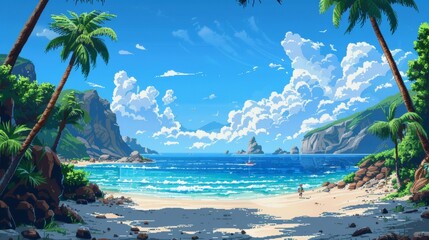 A vibrant pixel art landscape of a serene beach with crystal clear waters, surrounded by lush palm trees and towering cliffs. A person strolls along the shore, exuding an 80s retro vibe. - obrazy, fototapety, plakaty