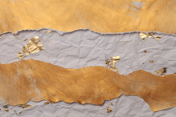 Gold, bronze crumble torn paper painting wall. Abstract glow texture copy space relief background.