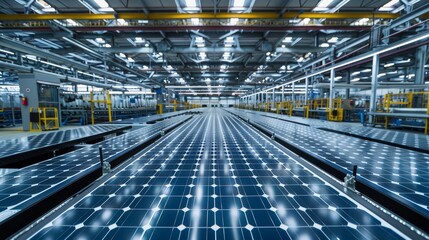 Fototapeta premium Large-scale solar panel production line with automated machinery, reflecting the growth of sustainable energy solutions.