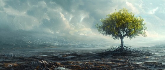 A lone tree sprouting fresh leaves in a barren field, depicting Rejuvenation amid Sorrow - obrazy, fototapety, plakaty