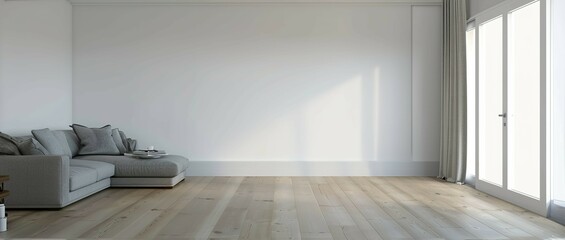 Fototapeta premium A living room view with a couch, white wall, empty wall, for a artwork mockup display no frame on the wall