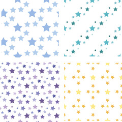 Collection with seamless patterns with positive stars on white background. Vector image.