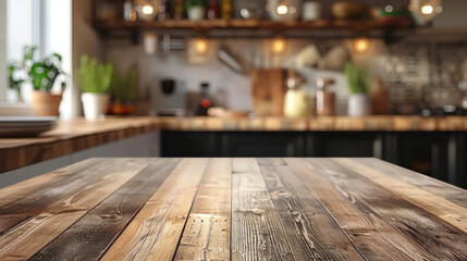 A wooden table on a blurred kitchen bench background, creating a cozy and inviting atmosphere for dining and gathering.