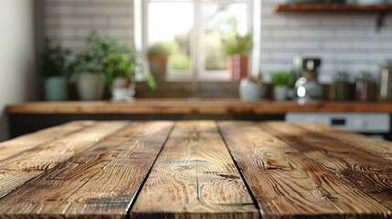 A wooden table set against a blurred kitchen background, emphasizing simplicity and warmth. - obrazy, fototapety, plakaty
