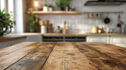 A wooden table placed in a kitchen with a blurred background, creating a visually appealing and cozy home decor setting. - obrazy, fototapety, plakaty