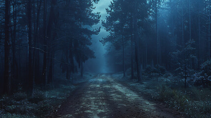 A dark and moody forest pathway covered in mist. 