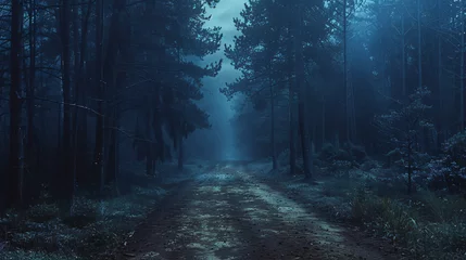 Foto op Plexiglas Bosweg A dark and moody forest pathway covered in mist. 