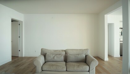 A living room view with a couch, white wall, empty wall, for a artwork mockup display no frame on the wall