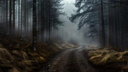 Foto auf Acrylglas A dark and moody forest pathway covered in mist.  © Anas