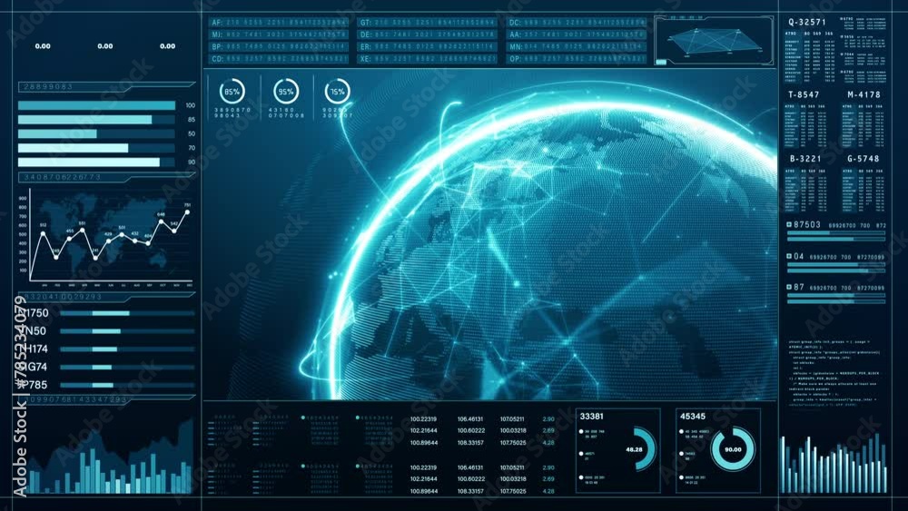 Poster futuristic global network data interface concept, blue digital interface showcasing global connectiv