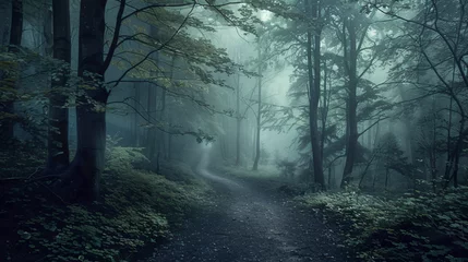 Afwasbaar Fotobehang Bosweg A dark and moody forest pathway covered in mist. 