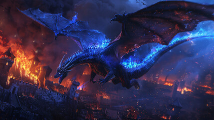 A dragon is flying and raging over a burning city 