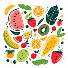Fruit doodle vector illustration. Hand drawn summer elements.