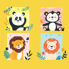 Cute card with cute panda and lion. Vector illustration.