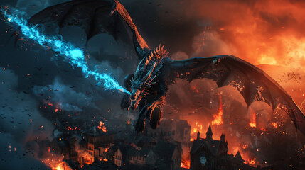A dragon is flying and raging over a burning city 