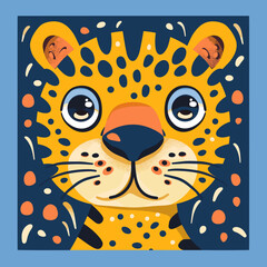 Cute cartoon leopard face. Vector illustration on blue background.