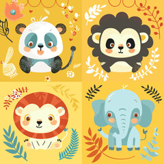 Set of cute cartoon animals. Vector illustration in a flat style.