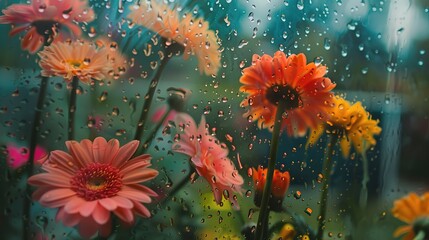 View of flowers behind glass with water drops , Generative ai, 