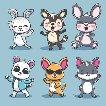 A group of cartoon animals are dancing and smiling. The animals include a rabbit, a cat, a dog, a bear, a raccoon, and a fox