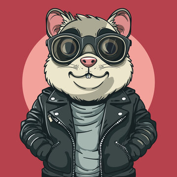 Cute raccoon in motorcycle helmet and leather jacket. Vector illustration.