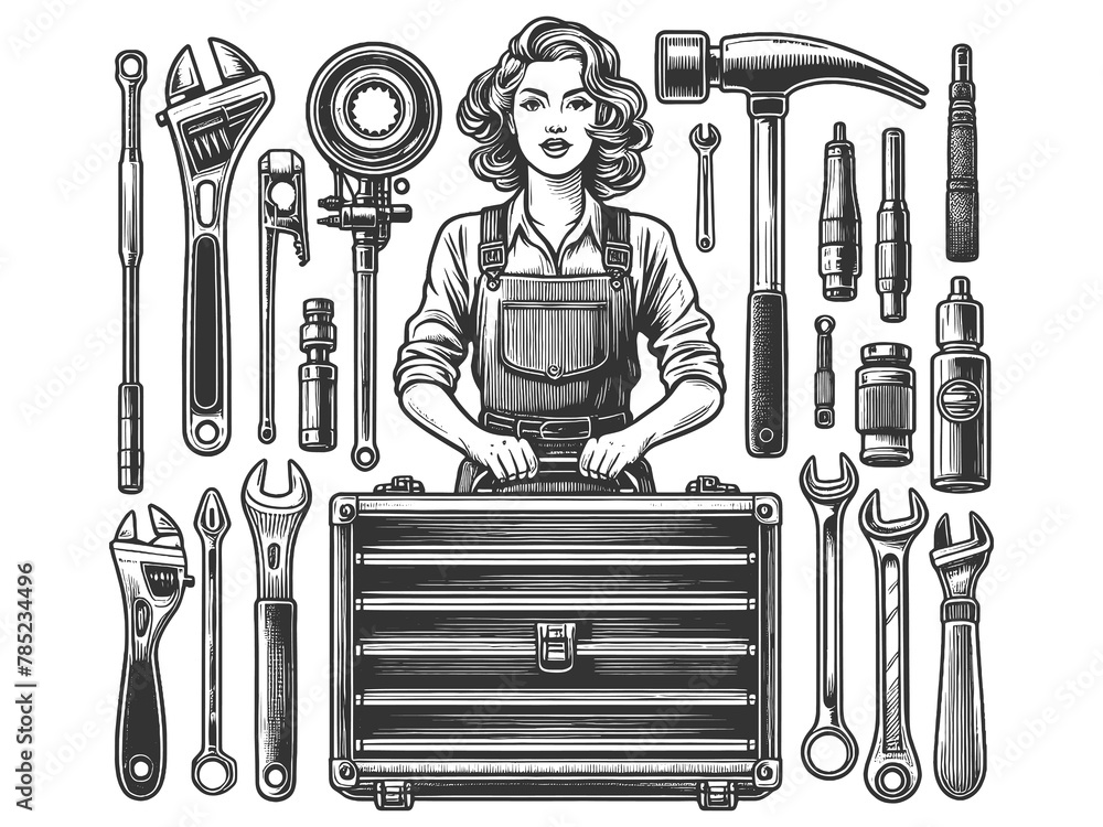 Poster woman mechanic with a variety of tools and a toolbox sketch engraving generative ai fictional charac