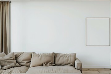 A living room view with a couch, white wall, empty wall, for a artwork mockup display no frame on the wall