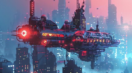 Craft a digital rendering of a cyberpunk chef piloting a hovercraft kitchen, with neon-lit skyscrapers looming in the background, utilizing pixel art technique