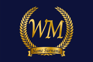 Initial letter W and M, WM monogram logo design with laurel wreath. Luxury golden calligraphy font.