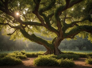 Sunlight pierces through branches of majestic tree, casting warm glow that illuminates lush greenery surrounding it. Tree stands as centerpiece, its gnarled.