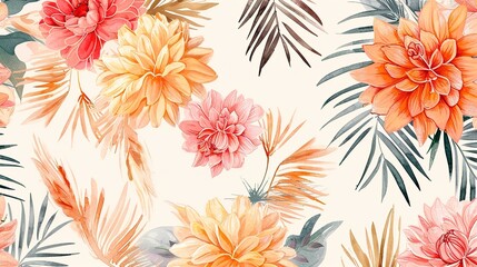 Watercolor dahlia, rose flower, palm leaves, pampas grass vector seamless background. Hawaiian dried flowers pattern. Tropical boho design for wedding, textile print, wallpaper texture, backdrop - obrazy, fototapety, plakaty