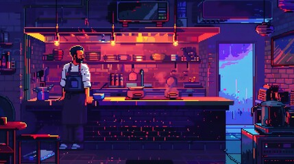 Craft a pixel art scene portraying a chefs inner psychological battle with imposter syndrome, using vibrant colors and pixelated expressions to convey the struggle in a visually striking way