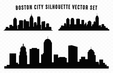 Boston City Skyline Silhouette Set, City buildings black Silhouette isolated on a white background